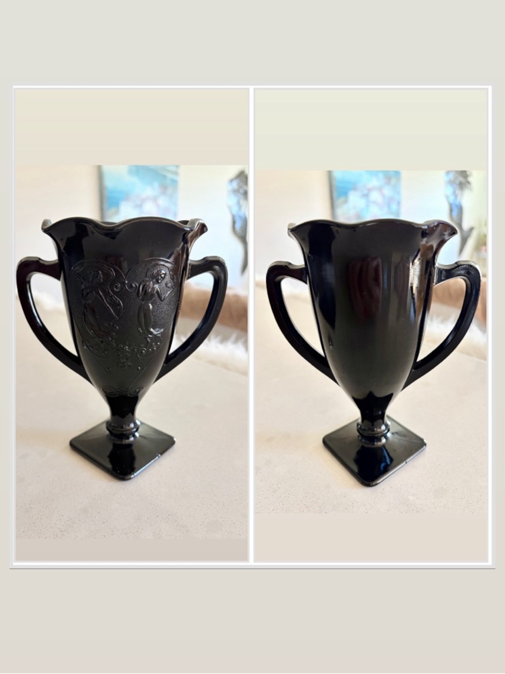 L.E. Smith Vintage Black
Amethyst Dancing Nymphs 2 Handle Trophy Cup Vase